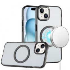 iPhone 15 Plus Magnetic Circle Ring Transparent Premium Acrylic with Metal Buttons & Camera Rais