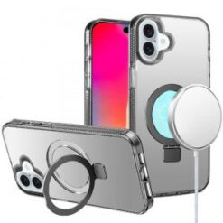 iPhone 16 6.1 inch Dotted Edged Line Transparent HQ Magnetic Ring Stand Hybrid - Black