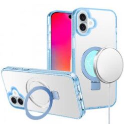 iPhone 16 6.1 inch Dotted Edged Line Transparent HQ Magnetic Ring Stand Hybrid - Light Blue