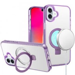 iPhone 16 6.1 inch Dotted Edged Line Transparent HQ Magnetic Ring Stand Hybrid - Light Purple