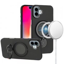 iPhone 16 6.1 inch Hoop Kickstand [Magnetic Circle] HD Transparent Chrome Hybrid - Black