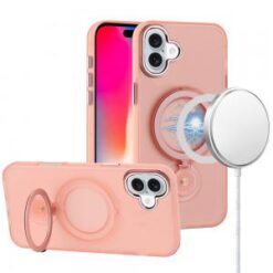 iPhone 16 6.1 inch Hoop Kickstand [Magnetic Circle] HD Transparent Chrome Hybrid - Pink