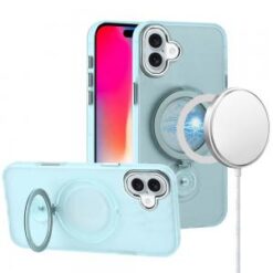 iPhone 16 6.1 inch Hoop Kickstand [Magnetic Circle] HD Transparent Chrome Hybrid - Sky Blue