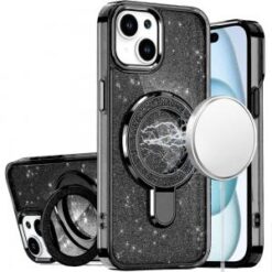 iPhone 15 Plus/iPhone 14 Plus Transparent Glitter Rotational Magnetic Ring Stand HQ Hybrid - Blac