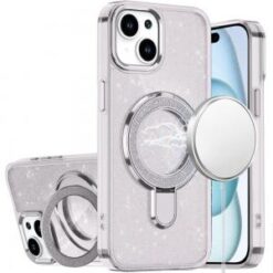 iPhone 15 Plus/iPhone 14 Plus Transparent Glitter Rotational Magnetic Ring Stand HQ Hybrid - Clea
