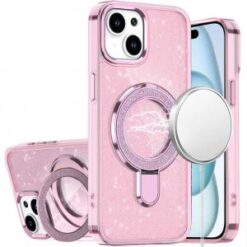 iPhone 15 Plus/iPhone 14 Plus Transparent Glitter Rotational Magnetic Ring Stand HQ Hybrid - Ligh