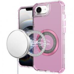 iPhone 16E (E edition) / SE4 (2025) Magnetic Ring Circle Bling Chrome 3in1 Hybrid Case - Pink