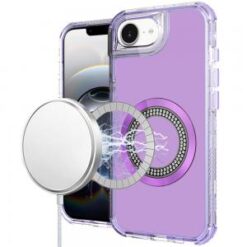iPhone 16E (E edition) / SE4 (2025) Magnetic Ring Circle Bling Chrome 3in1 Hybrid Case - Purple