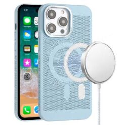 iPhone 15 Plus Magnetic Ring Radiator Design Hybrid with Metal Buttons Case Coverr - Light Blue