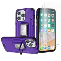iPhone 15 Plus Strong Tough Metallic Design Hybrid Premium Kicstand + 3X Tempered Glass - Dark P