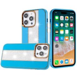 iPhone 15 Plus Flashy Diamond Leather Sticked On Hybrid with Chrome Camera Edge - Blue