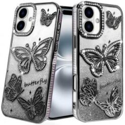 iPhone 16 6.1 inch Butterfly Freedom Shimmer Glitter Thick TPU Case Cover - Black