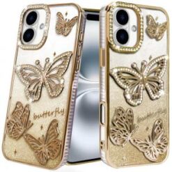 iPhone 16 6.1 inch Butterfly Freedom Shimmer Glitter Thick TPU Case Cover - Gold