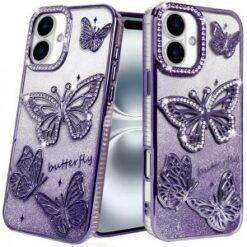 iPhone 16 6.1 inch Butterfly Freedom Shimmer Glitter Thick TPU Case Cover - Purple