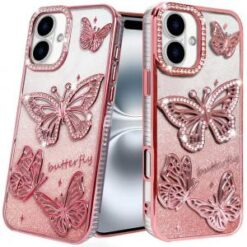 iPhone 16 6.1 inch Butterfly Freedom Shimmer Glitter Thick TPU Case Cover - Rose Gold