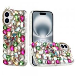 iPhone 16 6.1 inch Full Diamond with Ornaments Hard TPU Case Cover - Colorful Ornaments with Hea