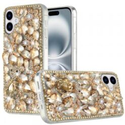 iPhone 16 6.1 inch Full Diamond with Ornaments Hard TPU Case Cover - Gold Panda Floral