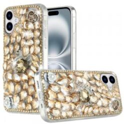 iPhone 16 6.1 inch Full Diamond with Ornaments Hard TPU Case Cover - Gold Swan Crown Pearl