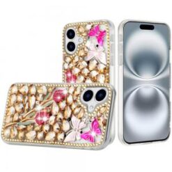 iPhone 16 6.1 inch Full Diamond with Ornaments Case Cover - Gold Exquisite Garden