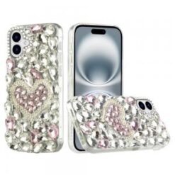 iPhone 16 6.1 inch Full Diamond with Ornaments Hard TPU Case Cover - Hearty Pink Pearl Heart