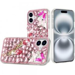 iPhone 16 6.1 inch Full Diamond with Ornaments Case Cover - Pink Exquisite Garden