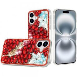 iPhone 16 6.1 inch Full Diamond with Ornaments Case Cover - Red Exquisite Garden