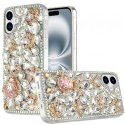 iPhone 16 6.1 inch Full Diamond with Ornaments Hard TPU Case Cover - Silver Panda Floral
