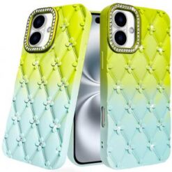 iPhone 16 6.1 inch Floral Joy Glitter Shimmer Leather Feel Thick TPU Case - Light Green/Teal