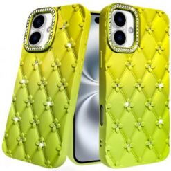 iPhone 16 6.1 inch Floral Joy Glitter Shimmer Leather Feel Thick TPU Case - Yellow/Green