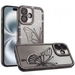 iPhone 16 6.1 inch Electroplated Butterfly With Diamonds Glitter Shimmer Hybrid Case - Black