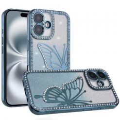 iPhone 16 6.1 inch Electroplated Butterfly With Diamonds Glitter Shimmer Hybrid Case - Blue