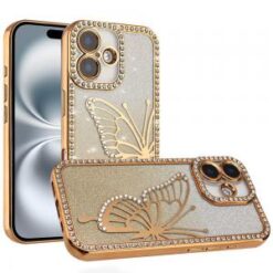 iPhone 16 6.1 inch Electroplated Butterfly With Diamonds Glitter Shimmer Hybrid Case - Gold