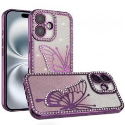iPhone 16 6.1 inch Electroplated Butterfly With Diamonds Glitter Shimmer Hybrid Case - Purple