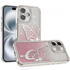 iPhone 16 6.1 inch Electroplated Butterfly With Diamonds Glitter Shimmer Hybrid Case - Silver