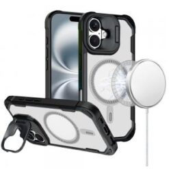 iPhone 16 6.1 inch FUN magnetic Circle Premium Hybrid with Camera Stand - Black