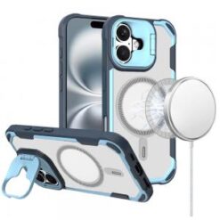iPhone 16 6.1 inch FUN magnetic Circle Premium Hybrid with Camera Stand - Light Blue