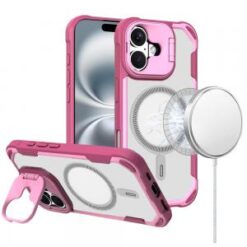 iPhone 16 6.1 inch FUN magnetic Circle Premium Hybrid with Camera Stand - Pink