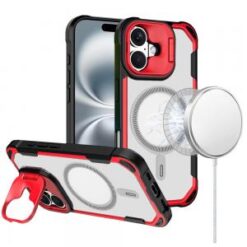 iPhone 16 6.1 inch FUN magnetic Circle Premium Hybrid with Camera Stand - Red