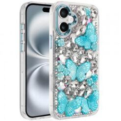 iPhone 16 6.1 inch Lavished Floral Butterfly Bling Stones Hybrid Case - Blue