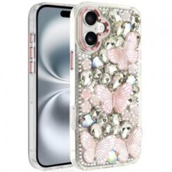iPhone 16 6.1 inch Lavished Floral Butterfly Bling Stones Hybrid Case - Pink