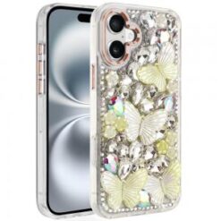 iPhone 16 6.1 inch Lavished Floral Butterfly Bling Stones Hybrid Case - Rose Gold