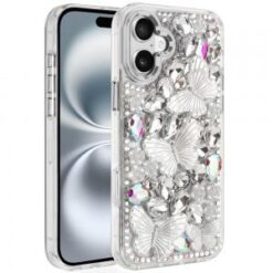 iPhone 16 6.1 inch Lavished Floral Butterfly Bling Stones Hybrid Case - Silver
