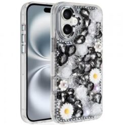 iPhone 16 6.1 inch Spectacular Full Bling Stones Glitter HQ Hybrid Floral Series - Black