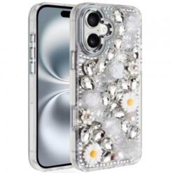 iPhone 16 6.1 inch Spectacular Full Bling Stones Glitter HQ Hybrid Floral Series - White