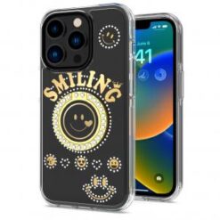 iPhone 15 Plus Smiling Glitter Ornament Bling With Ring Stand Hybrid Case Cover - Black