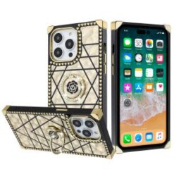 iPhone 15 Pro Passion Glitter Diamond Ring Stand Case Cover - BLACK CHROME E