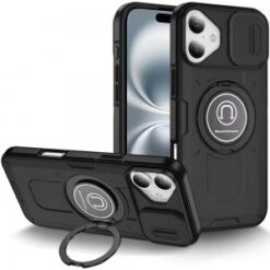 iPhone 16 6.1 inch Push Mount Friendly Camera Protective [Ring Stand] Hybrid Case - Black