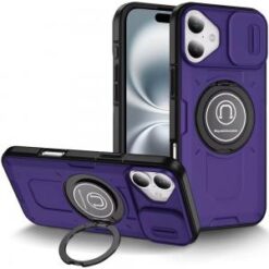 iPhone 16 6.1 inch Push Mount Friendly Camera Protective [Ring Stand] Hybrid Case - Dark Purple