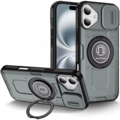 iPhone 16 6.1 inch Push Mount Friendly Camera Protective [Ring Stand] Hybrid Case - Gray