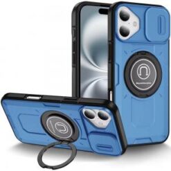 iPhone 16 6.1 inch Push Mount Friendly Camera Protective [Ring Stand] Hybrid Case - Light Blue